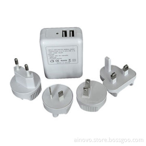 2-port USB travel charger for Phone, mp3, mobile, 5V DC/2A, EU/US/UK/AUS plugs combo